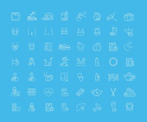  Vector graphic set. Icons in flat, contour, thin, minimal and linear design.Medicine. Nutritionist.Disease, treatment, care about health of body.Concept illustration for Web site.Sign, symbol.