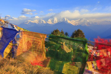 Wall Mural - Himalaya mountain range with prayer flags, view from Poonhill, famous trekking destination in Nepal.