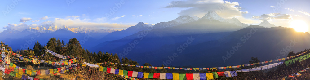 Annapurna mountain range and panorama sunrise view from Poonhill, famous trekking destination in Nepal. - obrazy, fototapety, plakaty 