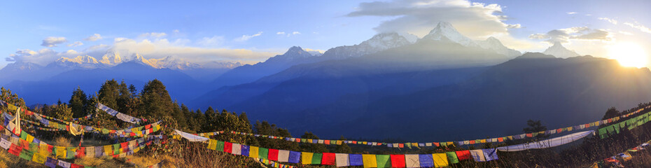 annapurna mountain range and panorama sunrise view from poonhill, famous trekking destination in nep