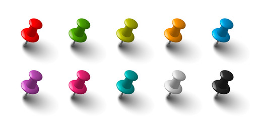 Office vector push pins set made of shiny colorful plastic, eps10 clipart elements