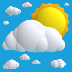 Wall Mural - Stylized funny cartoon blue sky with sun and clouds. Children clay, plastic or soft toy. 3d illustration