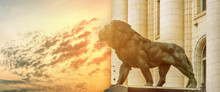 Big Ancient Archeology Statue Of Lion With Burning Sun