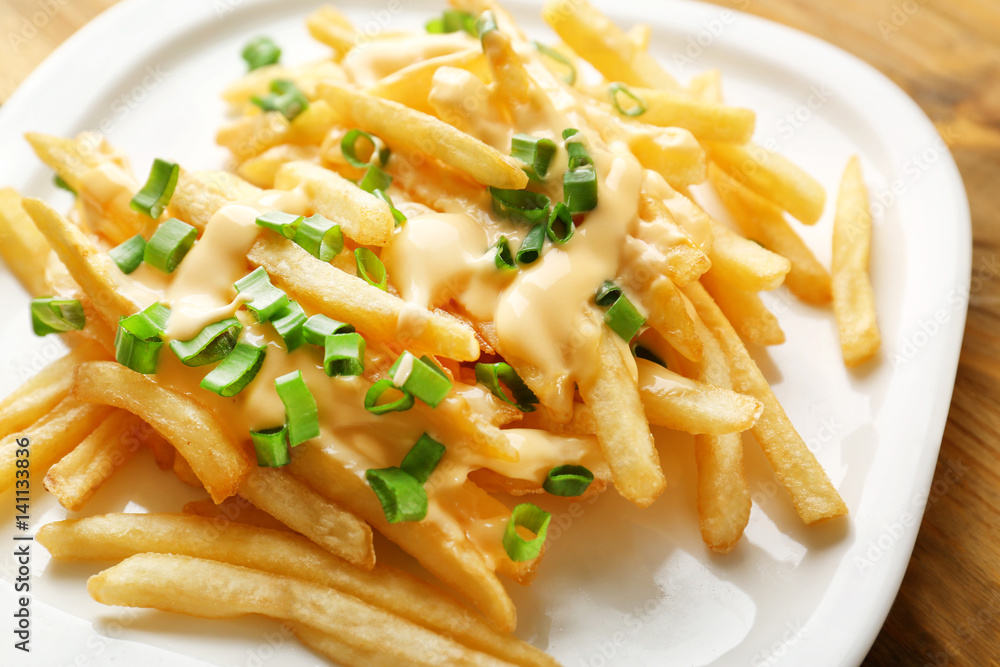 Fries with cheese sauce and chopped green onion, closeup