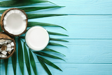 Wall Mural - Composition with fresh coconut milk on wooden background