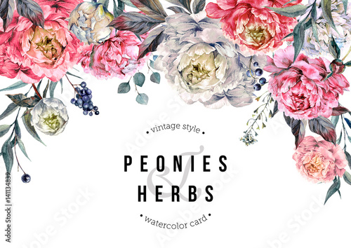 Watercolor Peonies Horizontal Backdrop Tableau sur Toile