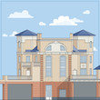 Four-storey big house with beige brick walls and a blue roof. In a classic style. A private mansion, a traditional cottage with a stucco facade. Detailed architectural design. Vector illustration