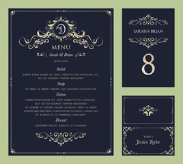 Wall Mural - ornate vintage vector templates set. wedding menu, table number and name place card design.