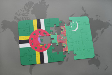 puzzle with the national flag of dominica and turkmenistan on a world map