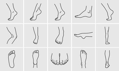 human body parts. foot care icons set. vector illustrations line art pack of human feet in various g