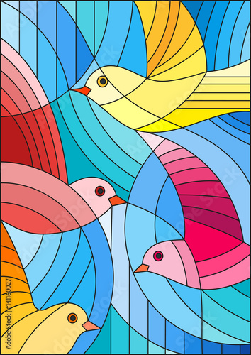 Obraz w ramie Illustration in stained glass style with bright abstract birds on a blue background