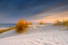 Grass, White Sand Dunes Beach In The Morning On The Shore Of The Baltic Sea. Poland.	