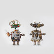 Futuristic robots on gray background. Friendly mechanical toys with electrical wire hairstyle, colored blue red eyes, light bulb. Steampunk style handyman made aged gears, cog wheel hand clock parts.