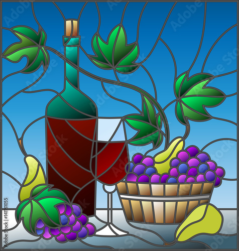 Obraz w ramie The illustration in stained glass style painting with a still life, a bottle of wine, glass and grapes on a blue background