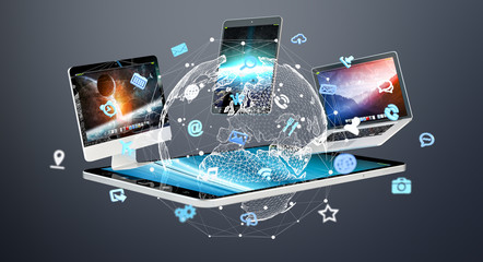 Aufkleber - Tech devices with icons and graphs flying 3D rendering