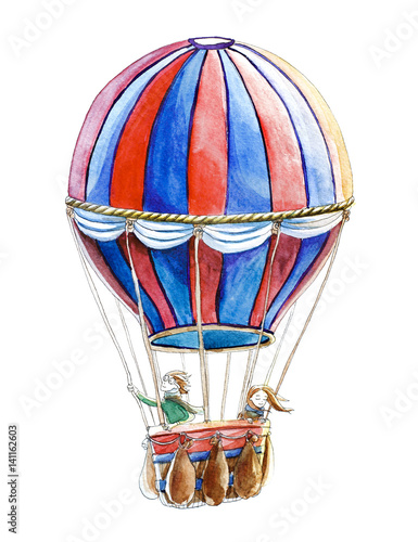 niebiesko-czerwony-balon-i-podrozujaca-nim-para-na-bialym-tle