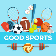 Set of sport balls and gaming items at a blue background. Healthy lifestyle tools, elements. Inscription GOOD SPORTS. Vector Illustration.