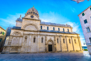 Wall Mural - Cathedral in town Sibenik. / Scenic view at majestic cathedral in city center of marble town Sibenik, UNESCO worlds heritage site, Croatia Europe.