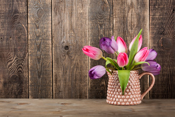 Canvas Print - Fresh colorful tulips bouquet in jug