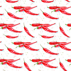 Floral seamless pattern of a red chilli peppers. Image of a vegetables. Watercolor hand drawn illustration. White background.