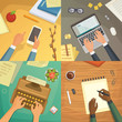 © denis08131 - Flat design top view on desk concept Design, Writing on letter. Workplace with typewriter. Flat design. blogging illustration.