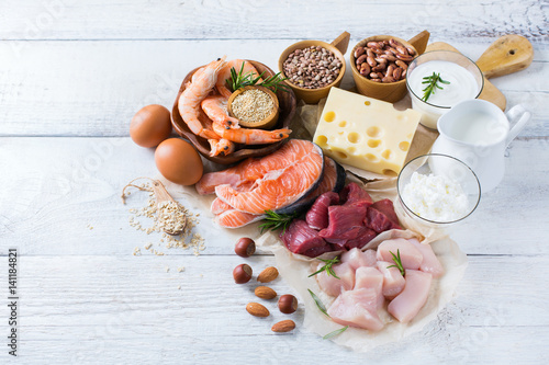 Fotografía Assortment of healthy protein source and body building food