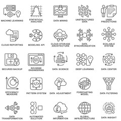 Modern contour icons database processing methods of data.  Data science technology, machine learning process. Data insight, transformation, scalable, modeling API, pattern system. Thin contour lines.