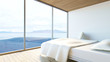 Modern bedroom ocean view / 3d render image