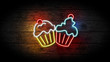 Realistic 3D illustration of Neon Cupcakes sign on grunge wooden wall with copy space, food and drinks sign, fast food and health care concept. bakery neon sign.