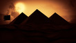 Realistic 3D illustration sun set in the desert, Big sun and some clouds with behind The Pyramids of Giza. Desert Background. the evening time over the Pyramids in Egypt.
