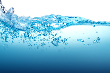 close up blue water splash with bubbles on white background