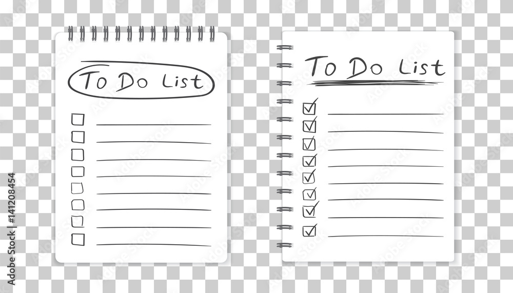 Realistic notepad with spiral. To do list icon with hand drawn text. School business diary. Office stationery notebook on isolated background - obrazy, fototapety, plakaty 