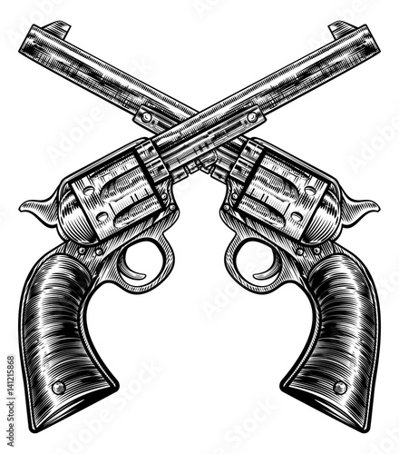 Fotografía Crossed Pistol Gun Revolvers Vintage Woodcut Style