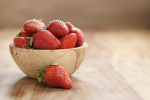 Fresh Strawberries In Bowl On Wood Table With Copy Space, Organic Garden Berries