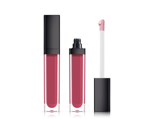 Lip gloss in elegant glass bottle with black lid, closed and open container with brush, isolated on white background. Liquid lipstick.