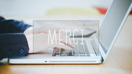 Wall Mural - Merci, French text for Thanks text over young man typing on laptop at desk