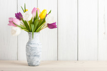 Fresh Colorful Tulips Bouquet In Jug