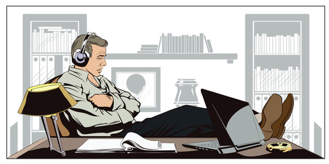 Wall Mural - Businessman sitting at workplace and sleeping with headphones