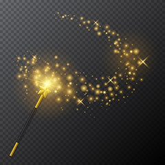 Wall Mural - vector golden magic wand with glow light effect on transparent background.