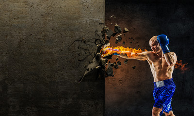Poster - Young boxer man . Mixed media . Mixed media