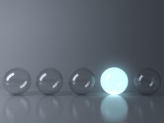Poster - One blue glowing light ball standing out from the unlit glass balls on dark grey background with reflection and shadow , individuality and different creative idea concepts . 3D rendering.
