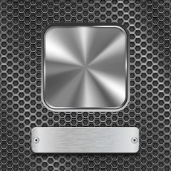 Metal square button with rectangle plate on stainless steel perforated background