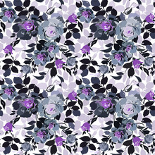 Seamless Pattern With Abstract Flowers In Gray, Purple, Black And White Colors.