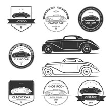 Set Of Hot Rod, Classic, Vintage Car Service Labels, Emblems, Logos, Badges. Black Vector Design Elements Isolated On White Background