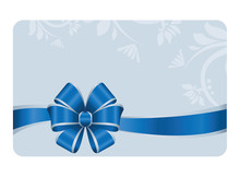 Gift Certificate, Gift Card With Blue Ribbon And A Bow On Blue Decorative Elements  Background.  Gift Voucher Template.  Vector Image.