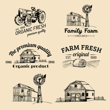 Vector Set Of Farm Fresh Logotypes. Bio Products Badges Collection. Vintage Hand Sketched Agricultural Equipment Icons.