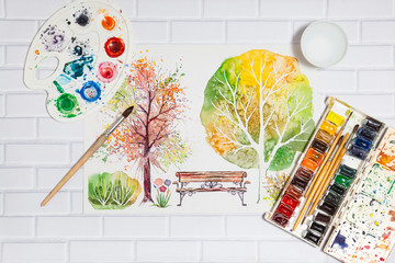 Poster - Hand Drawn Sketch of Autumn Park With Paints