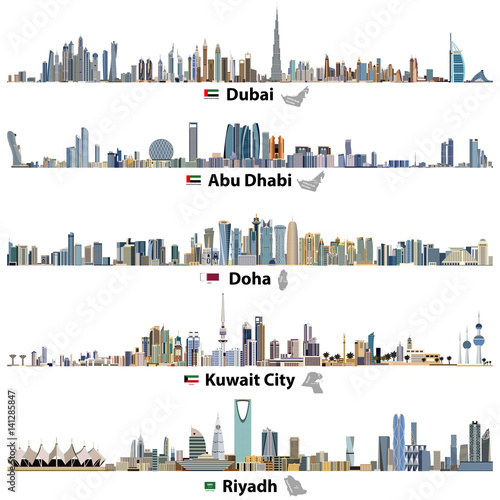 Dubai Abu Dhabi Doha Riyadh And Kuwait City Skylines With Flags And 
