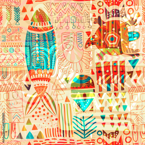 Stoffe zum Nähen Nahtlose Muster. Bunten tropischen Hintergrund. Hand gezeichneten Hintergrund mit Deko-Tiere und geometrische Elemente