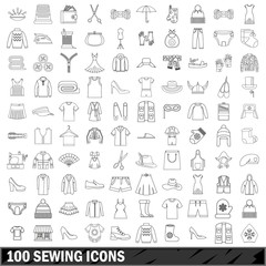 Wall Mural - 100 sewing icons set, outline style